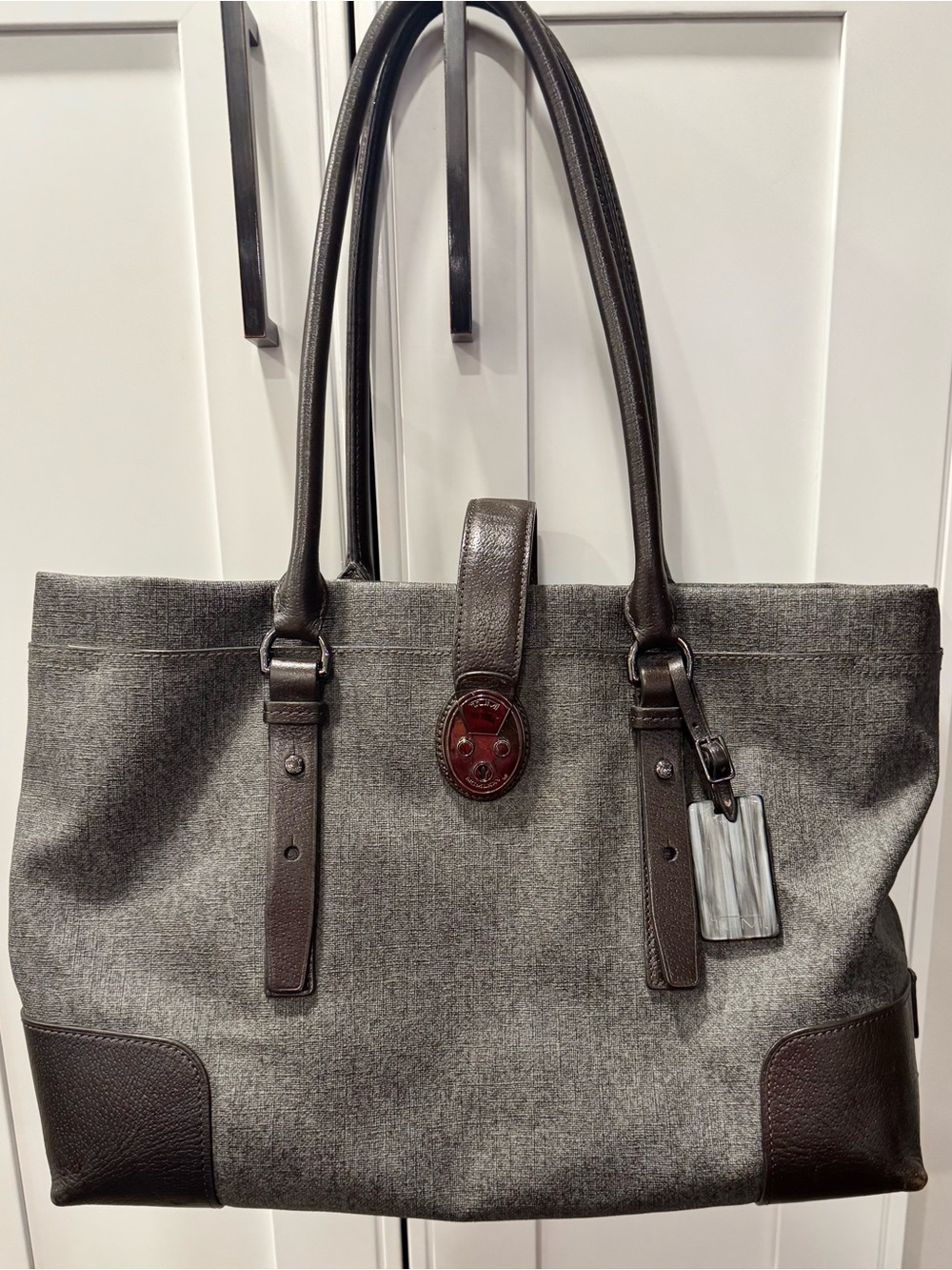 Tumi Lockable Villa Turin Shopper Laptop Bag Grey Coated Twill Brown Leather